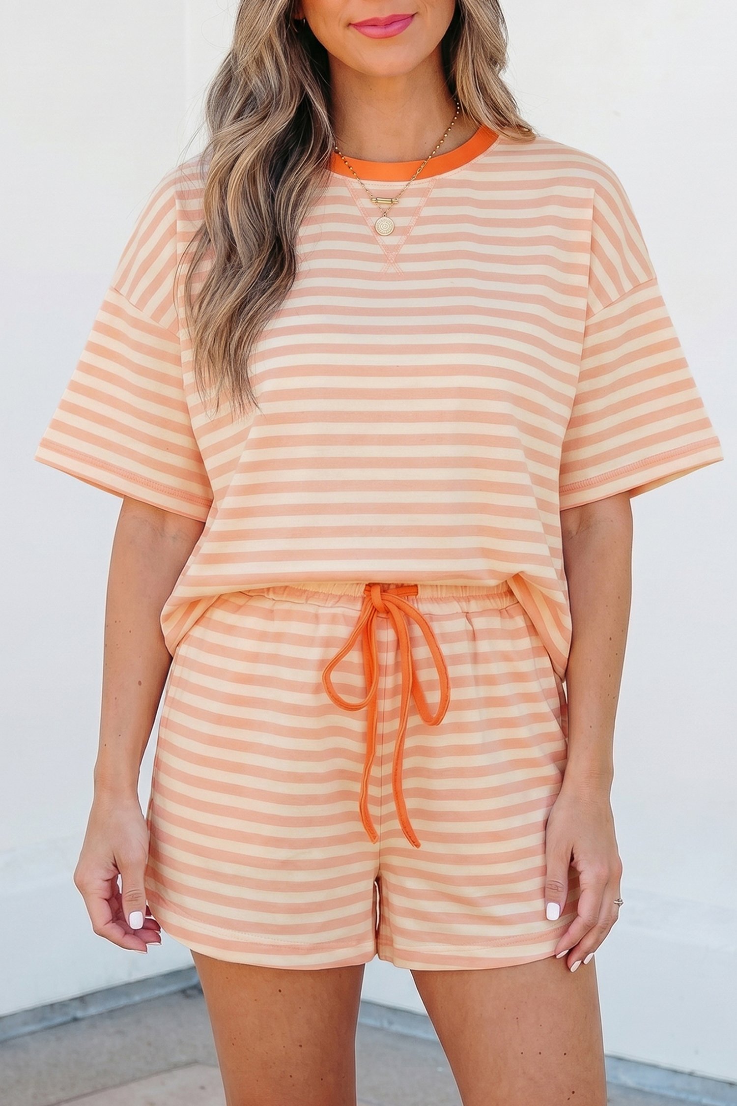 Pink Stripe Contrast Neck Loose Tee and Drawstring Shorts Set - Image 7